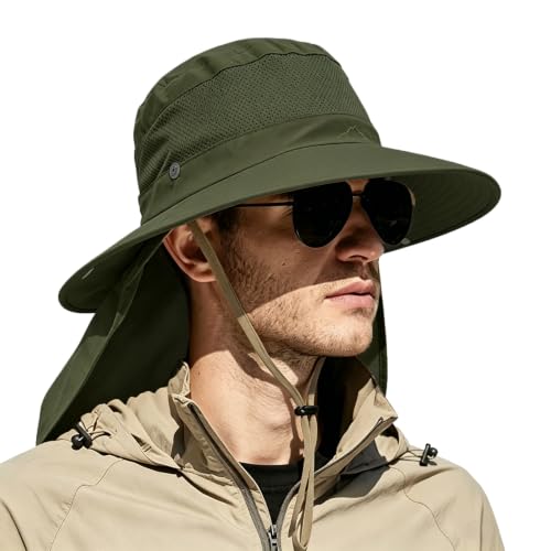 Outdoor Sun Hats with Stowable Neck Flap for Men Women UPF 50+ Mesh Summer Bucket Hat Wide Brim for Fishing Safari Hiking - color: Army Green