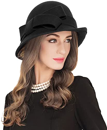 Z&X Women Winter Wool Felt Cloche Bucket Hat 1920s Vintage Gatsby Hat Elegant Bow Church Wedding Hat - color: 026 Black