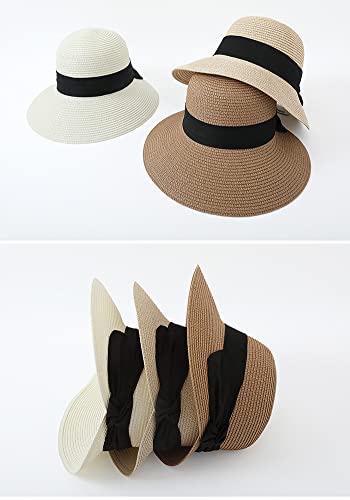 Summer Beach Sun Straw Hats for Women Wide Brim Packable Travel Bucket Hats UPF 50+ - color: White, With Black Band