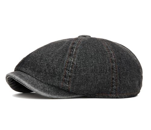 Quanhaigou Newsboy Flat Cap, Men's Vintage Gatsby Ivy Cabbie Hat, Beret Golf Driving Hats - color: Wash Cottton Black