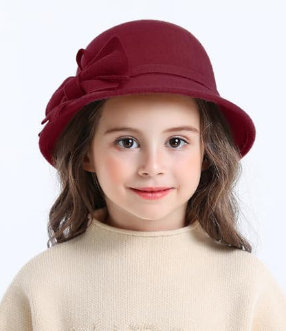 Bienvenu Kids Girls Winter Warm 100% Wool Bucket Hats Fedoras with Bowknot - color: Burgundy