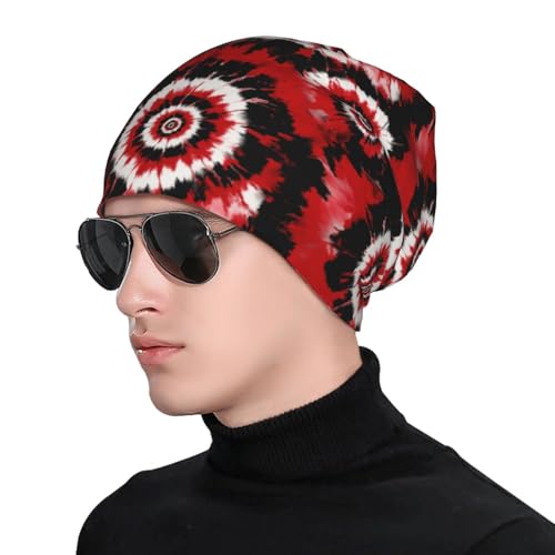 Slouchy Beanie Hat Skull Cap Chemo Headwear Baggy Hats for Men Women Running Cycling - color: Black Red Tie Dye