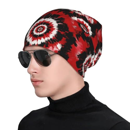 Slouchy Beanie Hat Skull Cap Chemo Headwear Baggy Hats for Men Women Running Cycling - color: Black Red Tie Dye