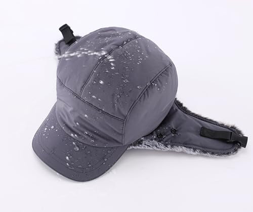 Home Prefer Waterproof Mens Faux Fur Trooper Trapper Hat Hunting Warm Winter Hat with Ear Flaps Visor Face Mask - color: Dark Grey