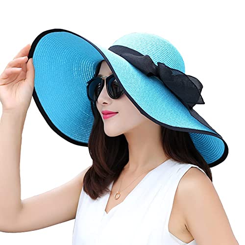 FSIGOM Women's Folable Floppy Hat,Wide Brim Sun Protection Straw Hat, Summer UV Protection Beach Cap - color: C1-e-blue, size: Large