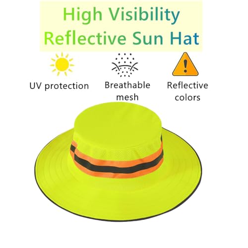 High Visibility Reflective Sun Hat Mesh Work Safety Boonie Hat UPF50+ Wide Brim Bucket Cap for Outdoor Hiking Men Women - color: Green