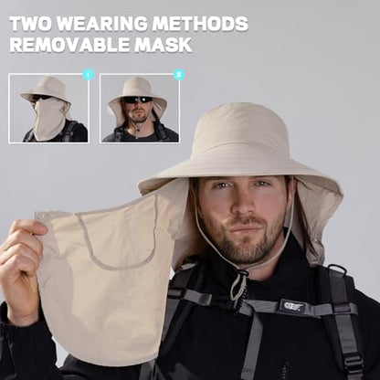 Rosoz Sun Hat for Men Women with Neck Flap& Removable Face Cover Wide Brim - color: 1pack-beige