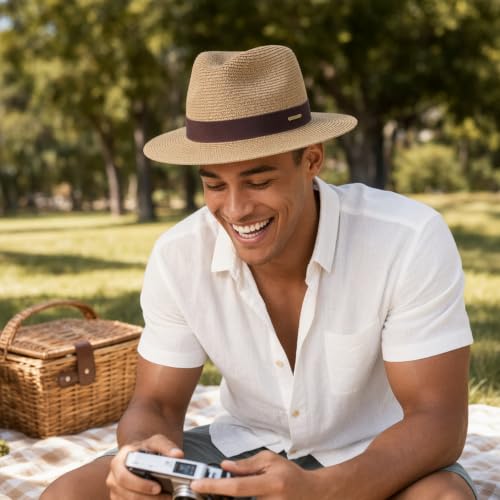 Straw Panama Hat for Men Women, Beach Sun Fedora Hat - color: Khaki-brown