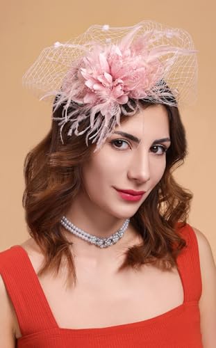 Fascinators Hats for Women Pillbox Hat 20s 30s 50s Vintage Feather Headwear Bowler Flower Veil Wedding Tea Party Hat - color: X-blush