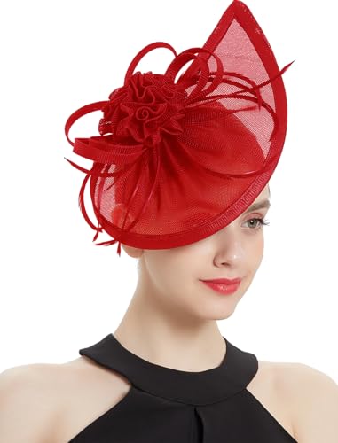 ORIDOOR Women Fascinators Derby Church Tea Party Wedding Flower Feathers Headpiece with Headband Clips - color: 21c Red