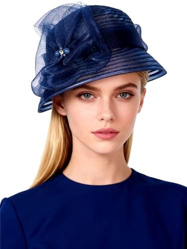 Kentucky Fascinators Hat with Flower Veil Wedding Pillbox Hats Pearl Rhinestone Women Cocktail Fedoras Derby Cap - color: Navy