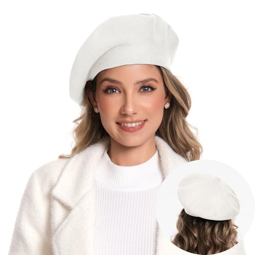 Women's Knitted Beret, French Style Double Layer Winter Autumn Warm and Soft Beanie Hat Cap - color: White