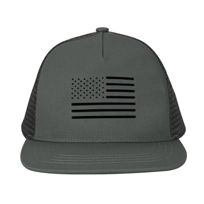 BROMZ Kids Youth American Flag Trucker Hat Flat Bill, Breathable Mesh Back Snapback Baseball Cap for Boys Girls 5-15 Years - color: Dark Gray/Black Flag