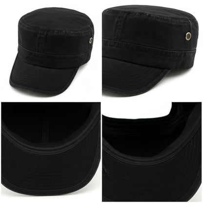 Army Cadet Cap for Men Women Military Flat Top Cap Adjustable Cotton Basic Baseball Cap - color: Black