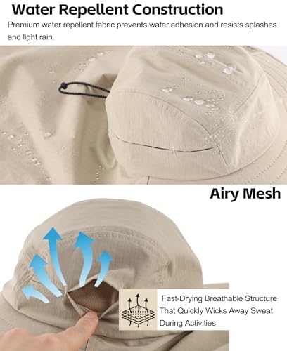 Home Prefer UPF 80+ Sun Hat for Men Women Wide Brim Sun Hat with Neck Flap Summer Beach UV Protection Gardening Fishing Hat - color: Khaki