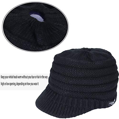 Women's BeanieTail Warm Knit Hat Messy High Bun Ponytail Visor Beanie Cap - color: B324-black, size: Medium
