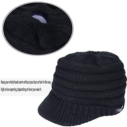 Women's BeanieTail Warm Knit Hat Messy High Bun Ponytail Visor Beanie Cap - color: B324-black, size: Medium
