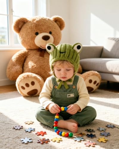 AMPOSSTO Baby Knitted Earflap Beanie Hat Cute Frog Winter Warm Ear Protection Skull Caps with Big Eyes for Boys Girls - color: Green