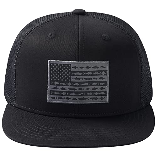 BASSDASH Flat Brim Trucker Cap Adjustable Snapback Hat Mesh Back for Men Women - color: Black/Fish Flag