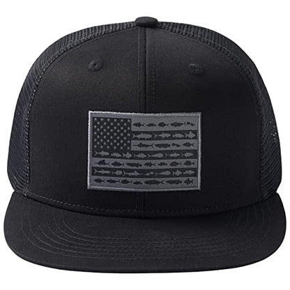 BASSDASH Flat Brim Trucker Cap Adjustable Snapback Hat Mesh Back for Men Women - color: Black/Fish Flag