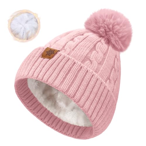 Winter Beanie Hats for Women Pom Pom Wool Cable Knit Thermal Fleece Warm Faux Fur Beanies for Cold Weather - color: Pink