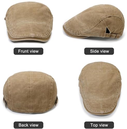 Initlove Mens Newsboy Cap Washed Beret Ivy Hat Flat Hats for Cabbie Driving - color: Black + Khaki