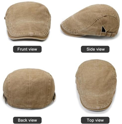 Initlove Mens Newsboy Cap Washed Beret Ivy Hat Flat Hats for Cabbie Driving - color: Black + Khaki