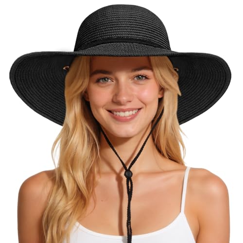Sun Hats for Women, Summer Wide Brim Straw Beach Hat - color: Black, size: X-Large