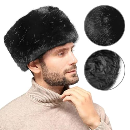 Unisex Russian Ushanka Cossack Trapper Hat Faux Rabbit Fur Trooper Hat Fuzzy Furry Hunting Cap Winter Outdoor Warm Skiing Cap - color: Black