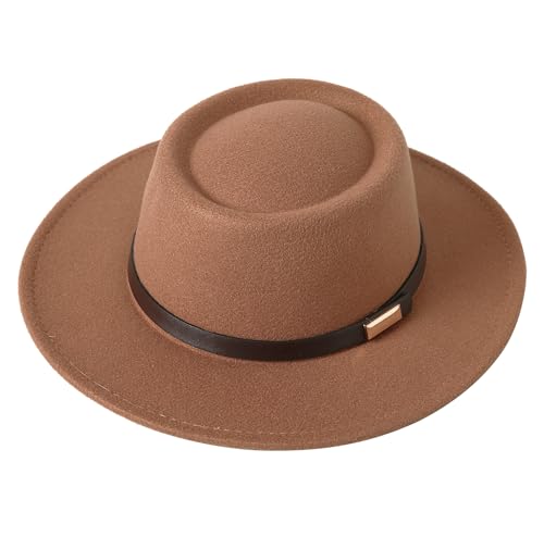 Lanzom Women Vintage Wide Brim Warm Wool Fedora Hat Belt Panama Hat Felt Jazz Hat - color: A-khaki