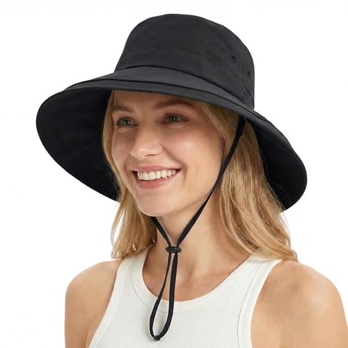 Women Summer Wide Brim Sun Hat UV Protection Ponytail Hole Waterproof Foldable Bucket Hat for Beach Hiking Travel - color: Black