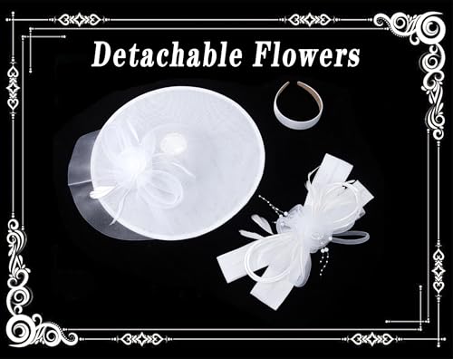 dressfan Wide Brim Fascinator Derby Hats for Women,20s Detachable Flower Hat with Headband for Derby Church Wedding Tea Party - color: White