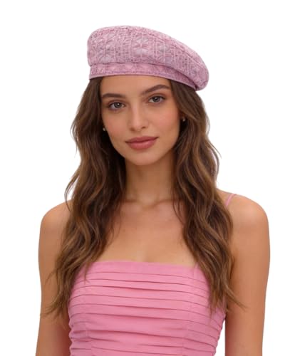 Women Lightweight Beret Floral Hollow Out Hat Breathable French Beret Beanie Hat Cap for Spring Summer - color: Purple(floral Lace Pattern 1#)