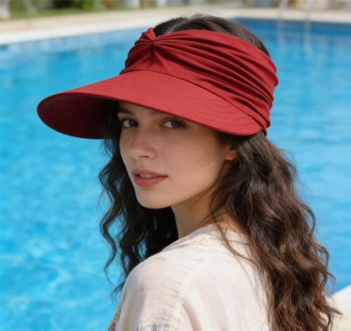 Sun Hat Women Sun Beach Visor Cap UV Protection Summer Wide Brim Hat for Sports Beach Golf Tennis Hiking - color: Wine Red