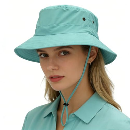 Women Lightweight Safari Sun Hat Quick Dry Fishing Hat with Strap Cool - color: Aqua Blue