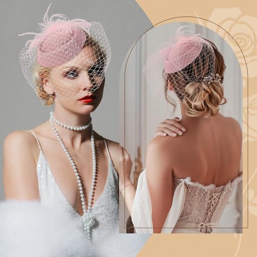 Fascinator Hat Veil Feather Fascinator Tea Party Bridal Wedding Veil Retro Hat Pillbox Hat - color: Pink