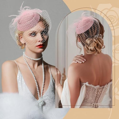 Fascinator Hat Veil Feather Fascinator Tea Party Bridal Wedding Veil Retro Hat Pillbox Hat - color: Pink