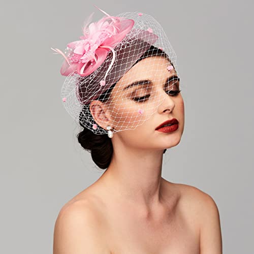 Tea Party Hat Fascinators Hats for Women Vintage Lace Mesh Floral Feather Hair Clip Headband with Veil for Church Wedding - color: Pink