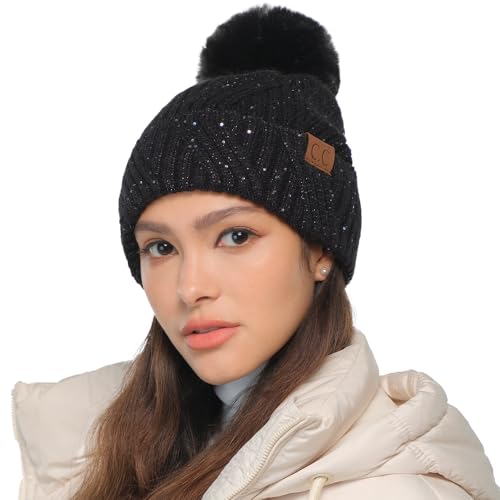 C.C Sequin Pom Beanie for Women - Acrylic Stretchable Soft Warm Knit Winter Skully Hat with Yarn Pom - color: Angora-black