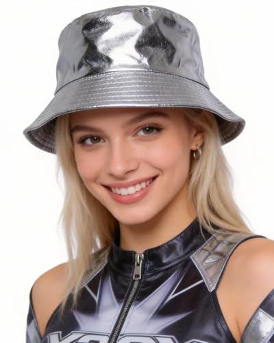 BOLLEY JOSS Unisex Holographic Bucket Hat Reversible Double-Side-Wear Bucket Hat Waterproof Outdoor Travel Sunhat Punk Hats - color: Silver, size: Medium