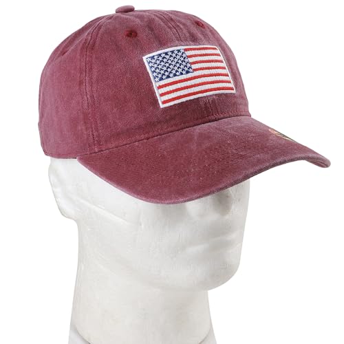 Falari USA Flag Embroidered Baseball Cap, Low Profile Adjustable Dad Hat, 100% Cotton, Pre-Washed - color: Burgundy