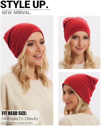 Thin 100% Cotton Fine-Knit Beanie Hat Slouchy Soft Chemo Skull Cap - color: 1-red