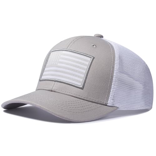 American Flag Trucker Hat, Patriotic Baseball Cap for Men & Women, Breathable Mesh Adjustable Snapback, USA Flag Patch - color: Gray/White
