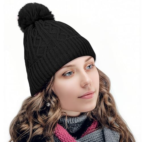Pom Pom Beanie for Women & Girls, Warm Knit Winter Hat - color: Black