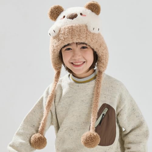 KORADI Girls Animals Knit Hats Winter Plush Beanies Hat Boys Warm Earflap Cute Cartoon Ski Cap Kid with Pom 2-12 Years - color: Beige