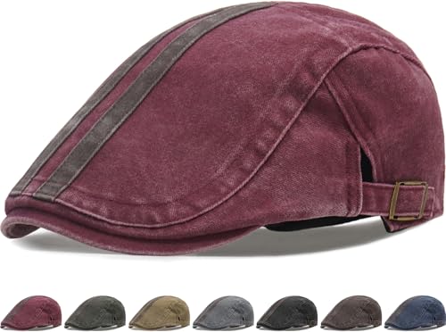 Initlove Mens Newsboy Cap Washed Beret Ivy Hat Flat Hats for Cabbie Driving - color: B Wine Red