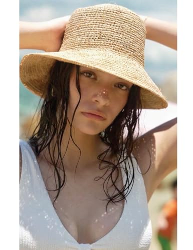 Women's Raffia Straw Bucket Hat Natural Raffia Beach Hat Handmade Woven Foldable Sun Hats Summer Travel Cap - color: Natural