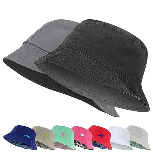 Kids Bucket Hat for Girls & Boys, Packable Fun & Cool Reversible Beach Sun Teen Toddler Bucket Hat - Ages 3-14 Years - color: Black / Charcoal Grey, size: 7-14 Years