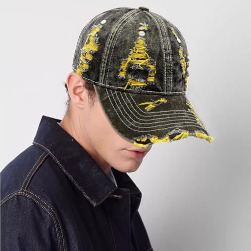 Distressed Washed Denim Baseball Cap Vintage Ripped Strapback Sun Hat for Men Women - color: Yellow