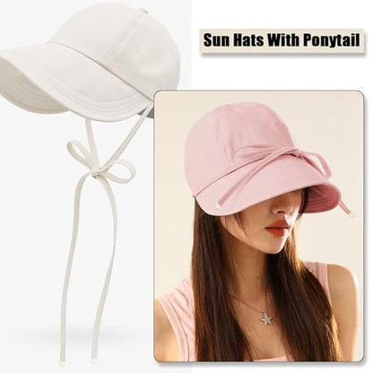 Womens Sun Hat Wide Brim UPF 50+ UV Protection Foldable Packable Sun Shield Hat for Women, Ponytail Outdoor Fishing Hat - color: Upgraded Cherry Blossom Pink